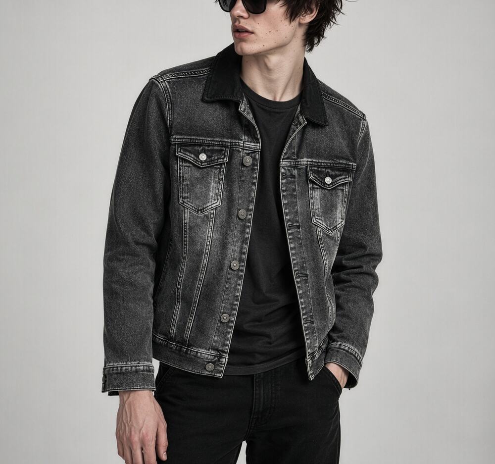 AllSaints Creagan Grey Denim Jacket Suede Collar Distressed Men's Size L